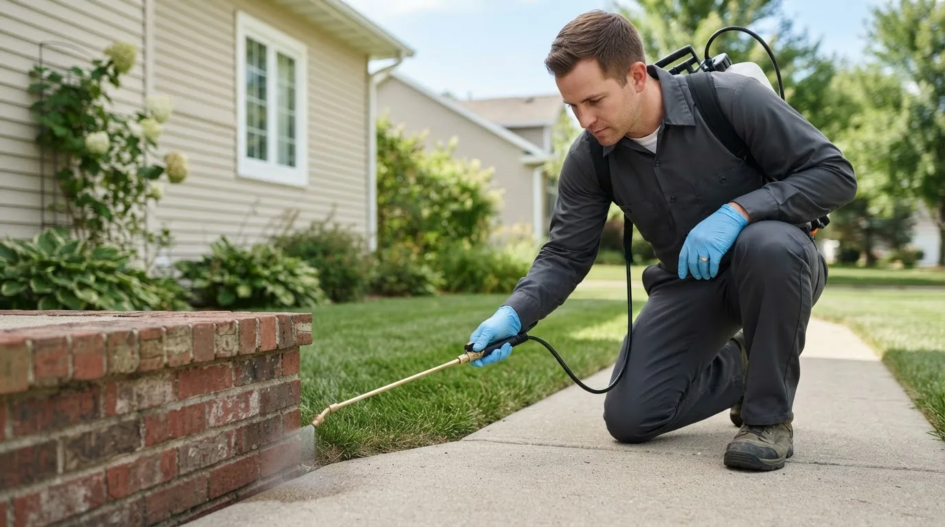 Pest control technician treating a home near Covington, IN