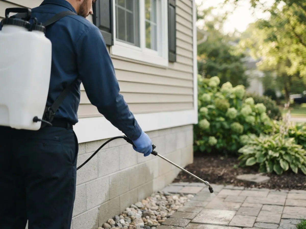 Pest control technician inspecting a home in Covington, IN